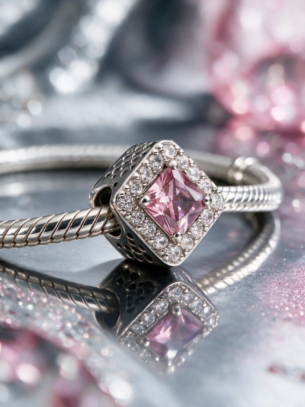 Pink Square CZ Halo Charm